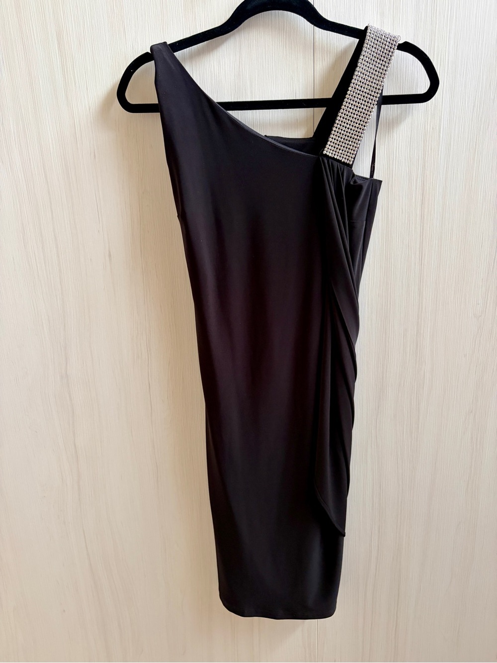 Frank Lyman Design Black One-Shoulder Dress with Rhinestone Strap